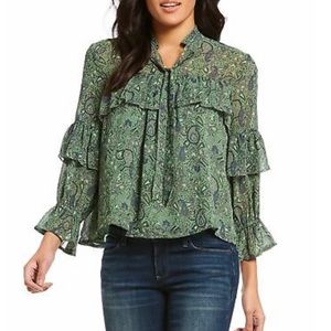 Lucky Brand Green Paisley Tie Blouse